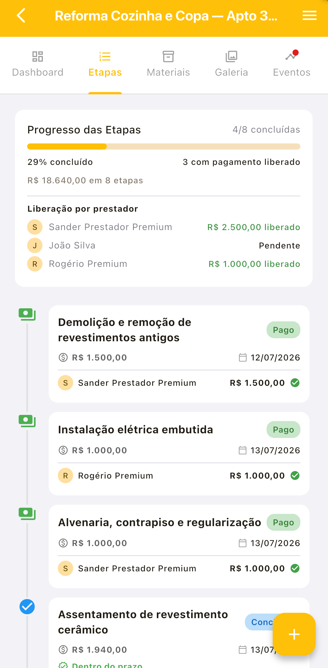 Tela de etapas no app Reformei