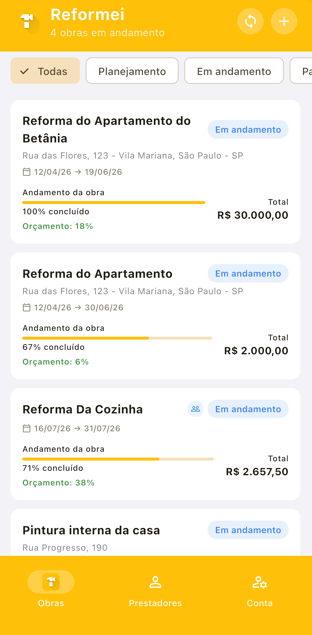 Lista de obras no Reformei
